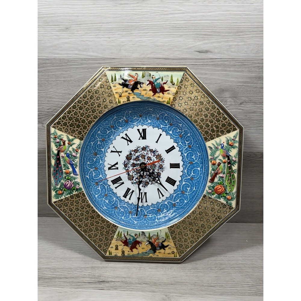 Persian Khatam Minakari Wall‎ Clock 14" Handmade Marquetry Miniature Painting